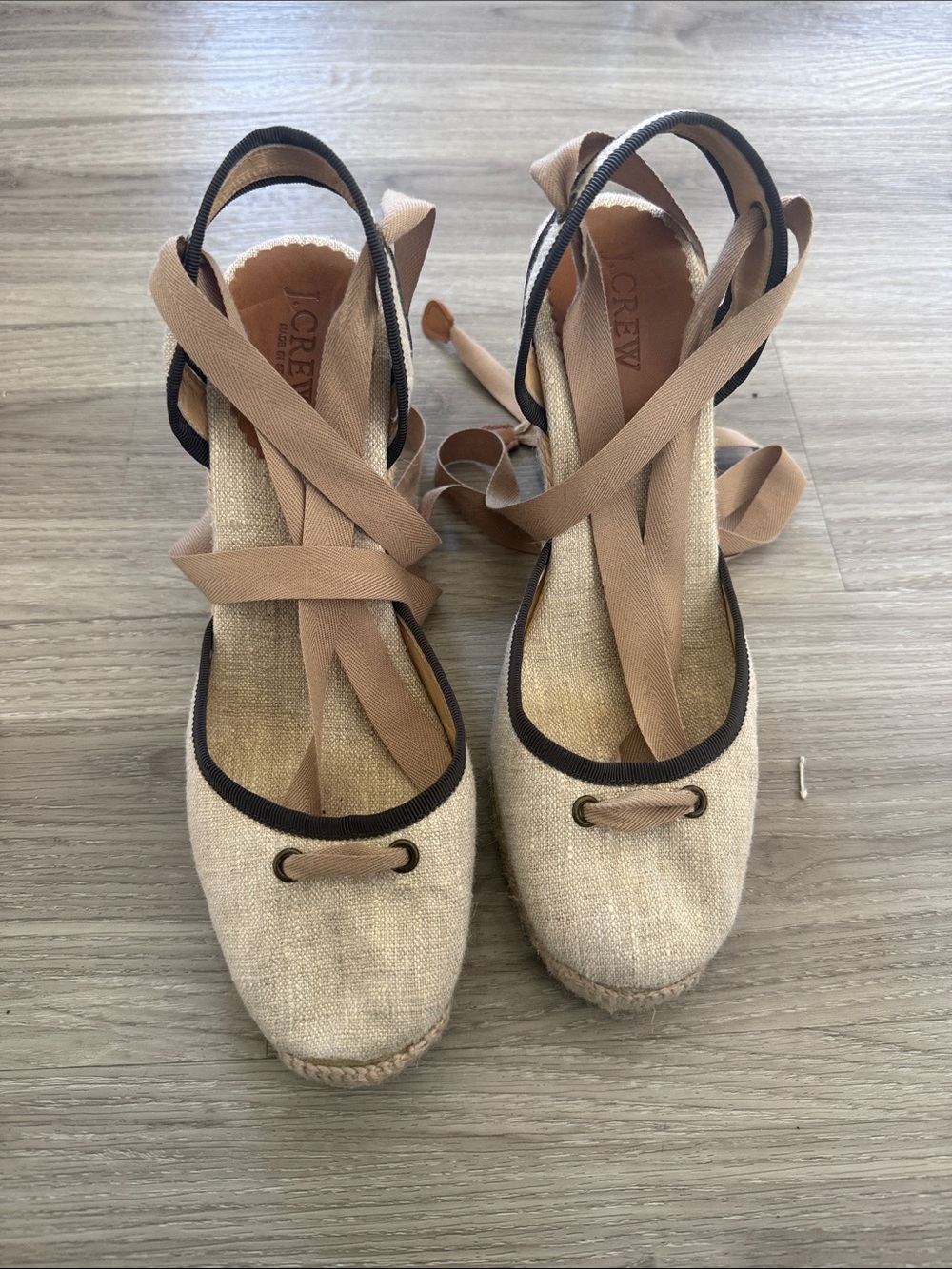J. Crew Natural Canvas Espadrille Lace-Up Flats with Black Trim